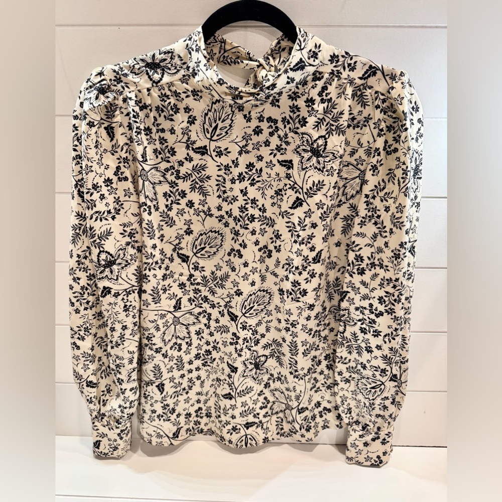 LOFT Floral Tie Back Blouse in cream/black, Size XS